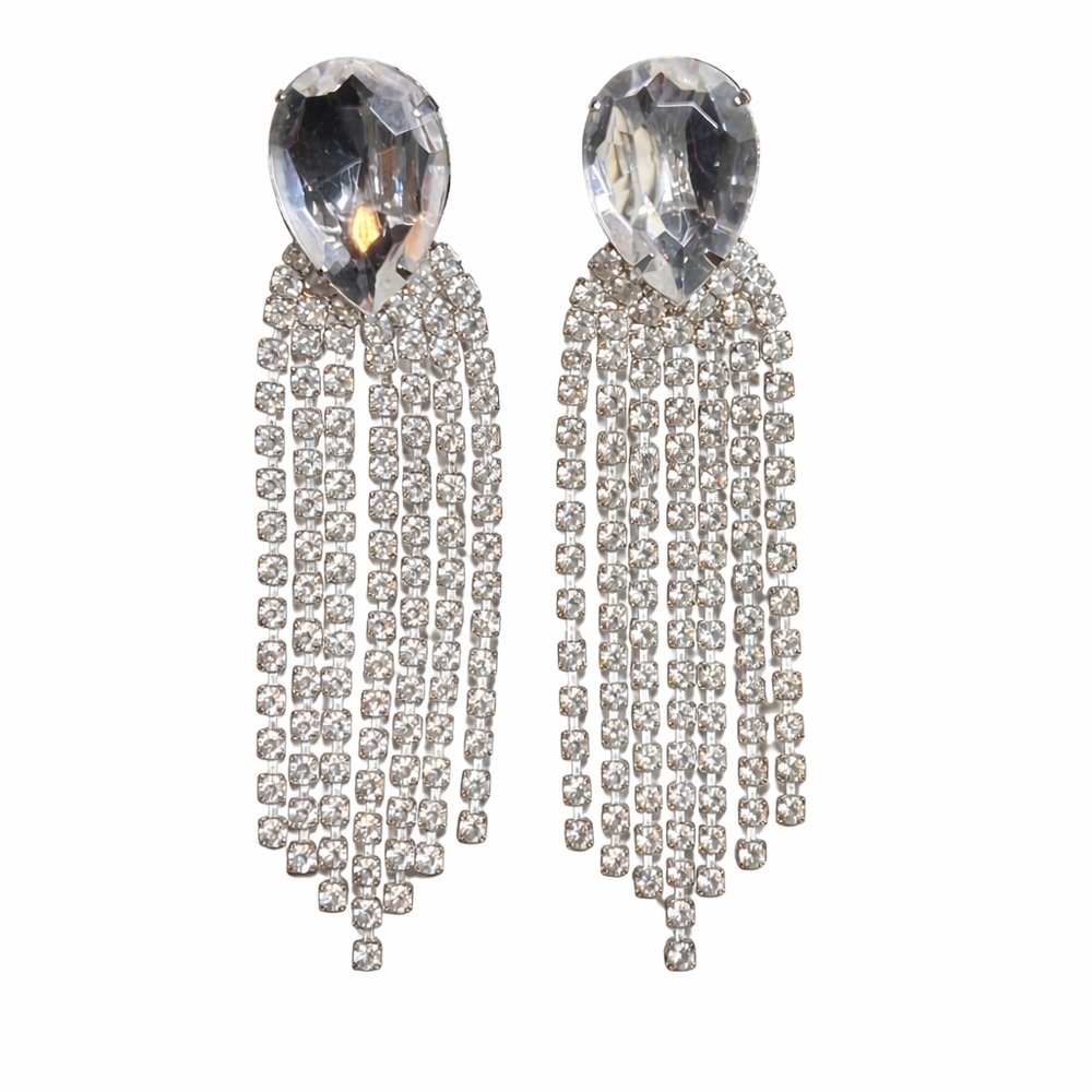 Vintage Glam Clear Crystal Rhinestone Chandelier Fringe Drop Clip Earrings - Picture 3 of 7